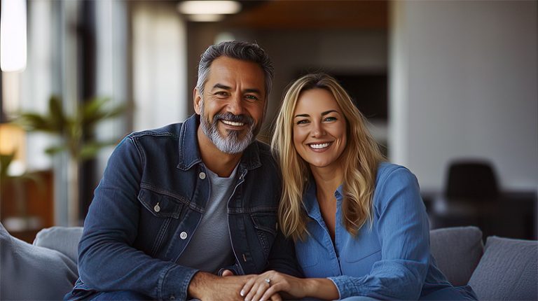 a couple (man and woman) smiling in front of a camera